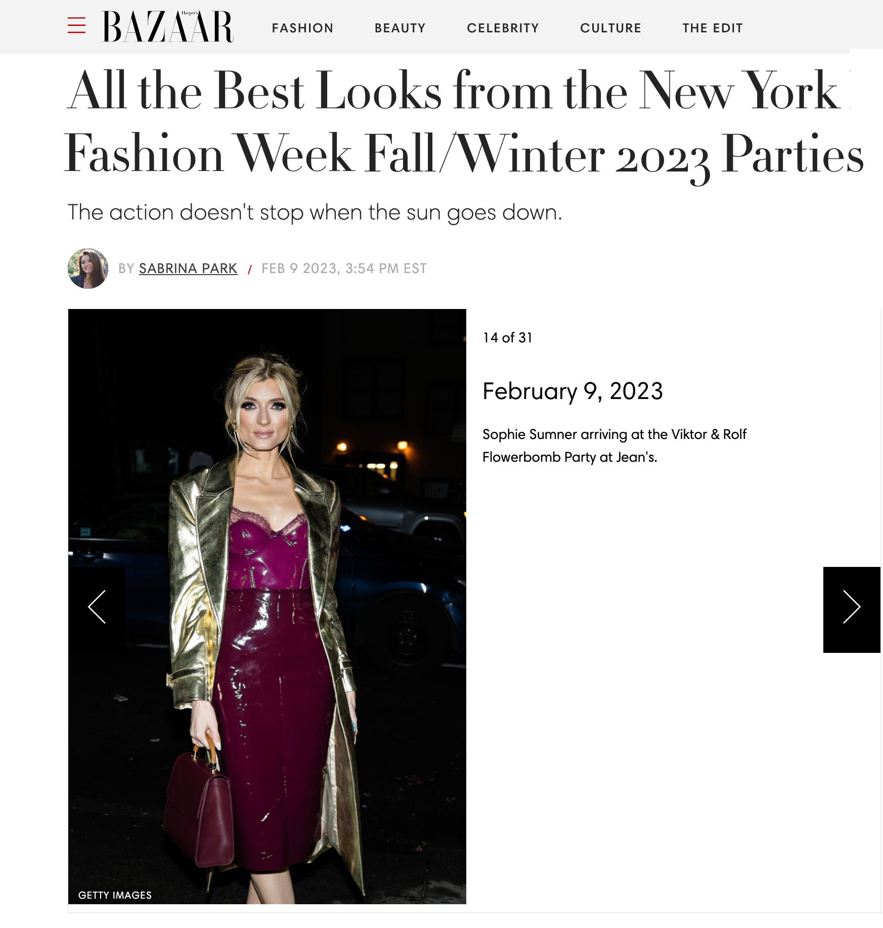 Sophie Sumner in Harper's Bazaar's Best Dressed at NYFW with Bovenue's Laila in Bordeaux Red!